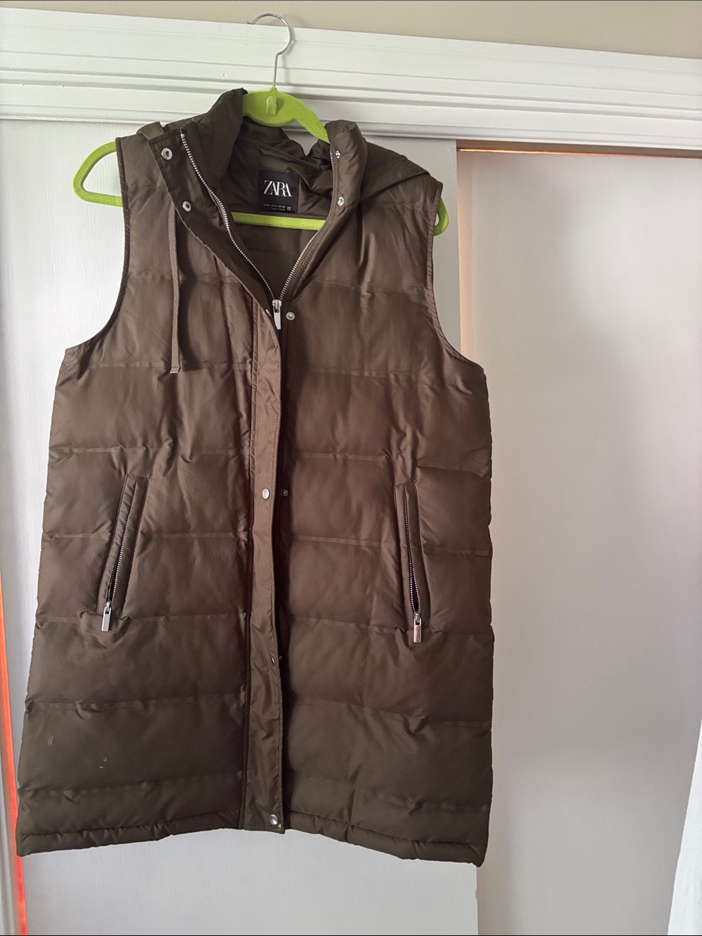 ZARA Olive Quilted Hooded Long Puffer Vest